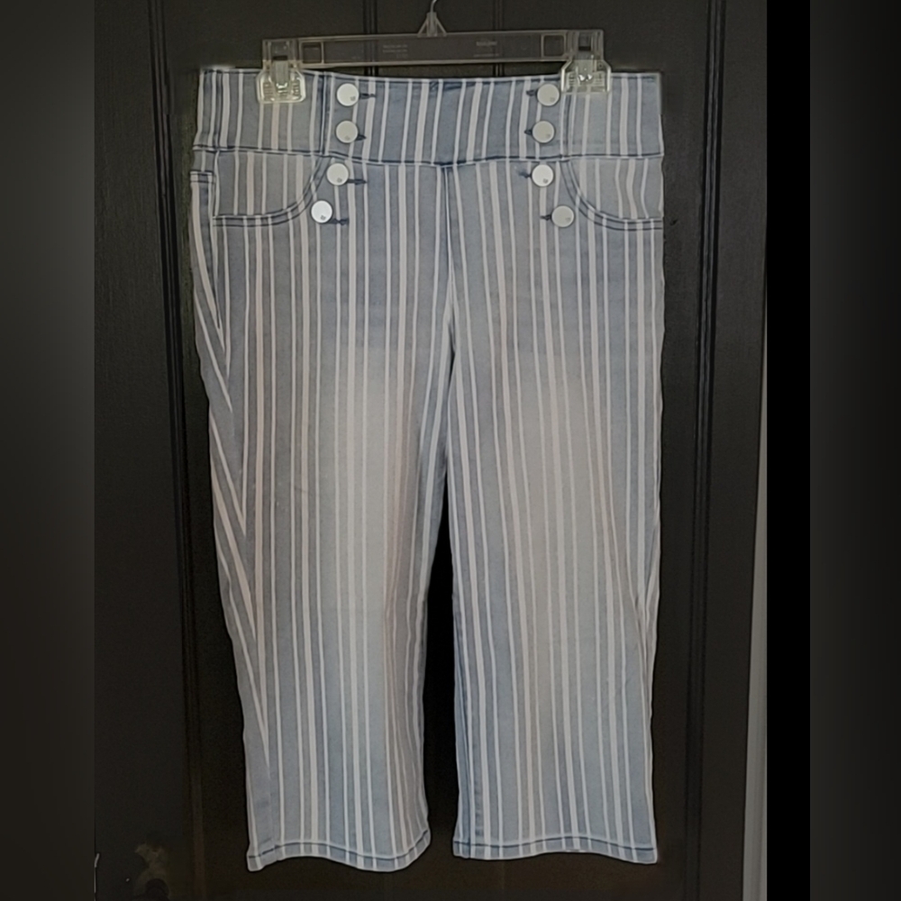 Diane Gilman Striped Denim Capri Pants Pull On